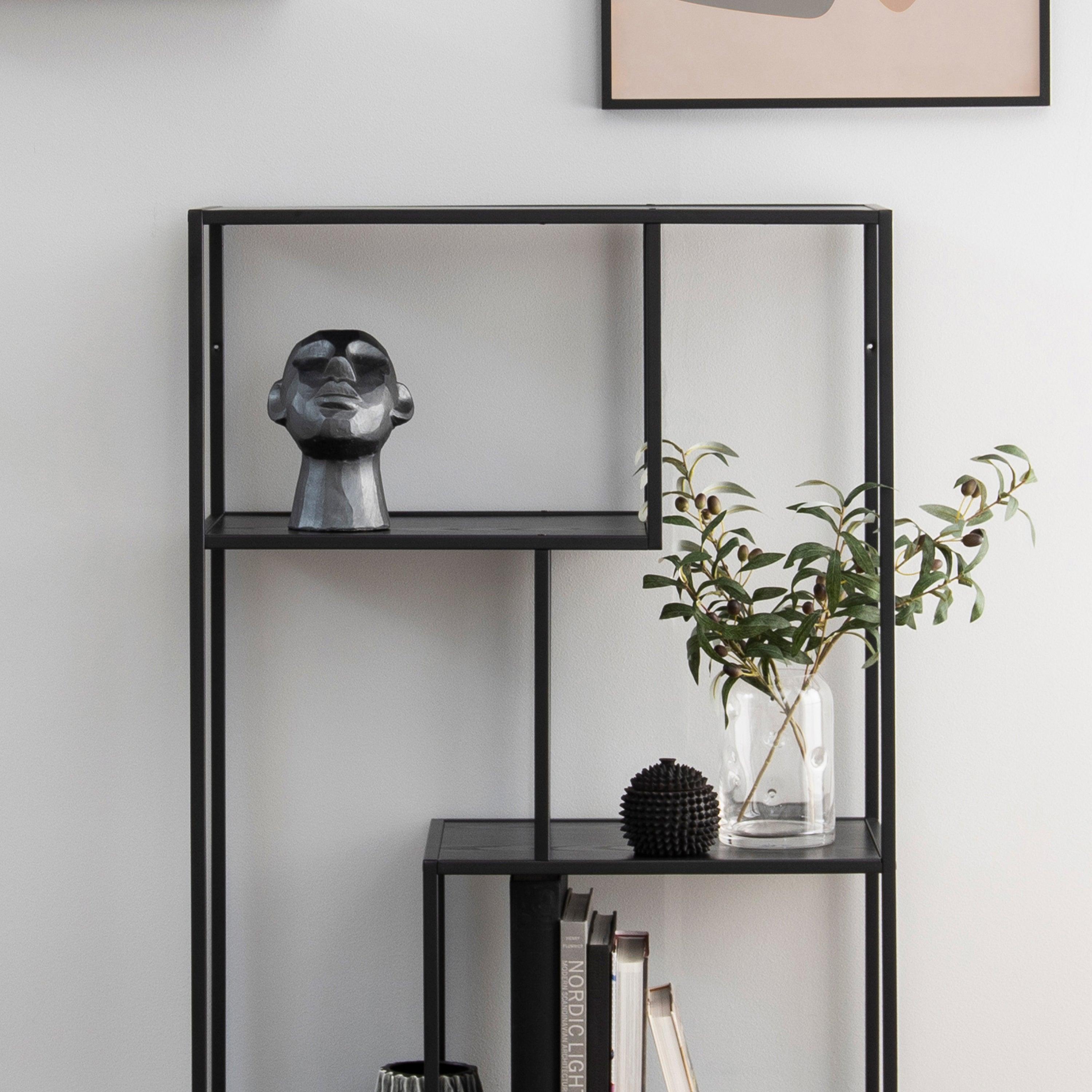 Lina Asymmetrical Bookcase – Black Metal with 3 Shelves - YANDZ HOME