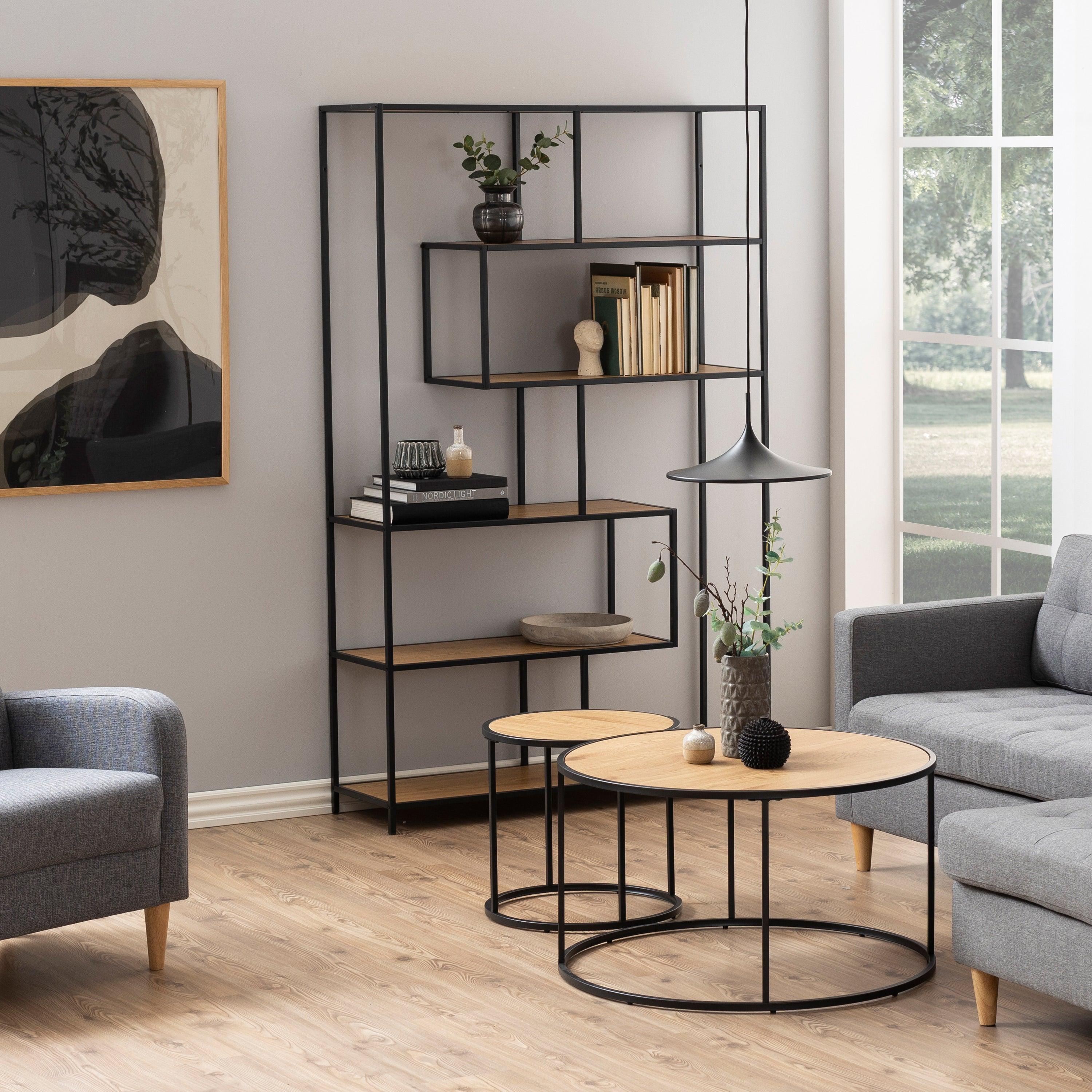 Kamila Large Asymmetrical Bookcase – Black Metal with 5 Shelves - YANDZ HOME