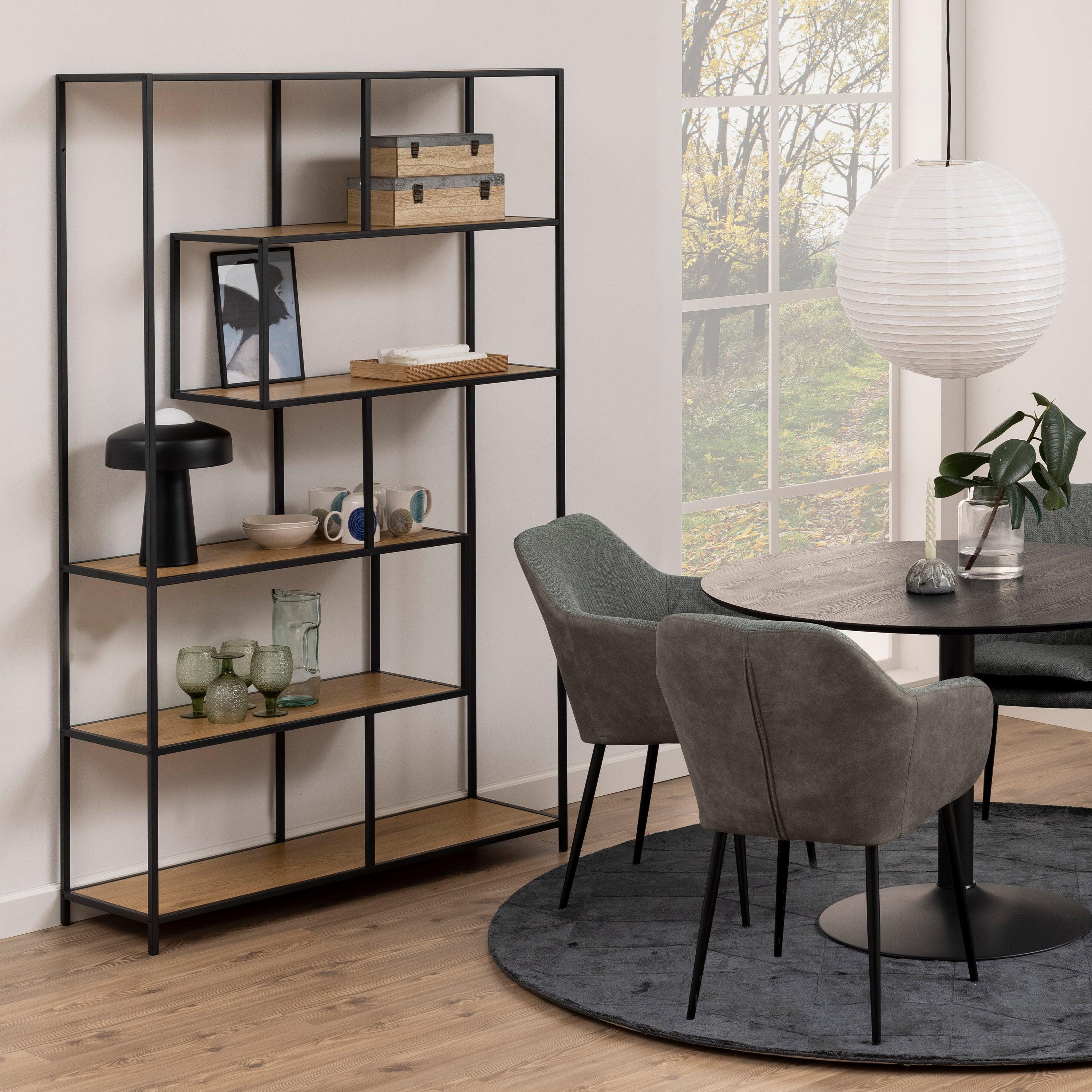 Kamila Large Asymmetrical Bookcase – Black Metal with 5 Shelves - YANDZ HOME