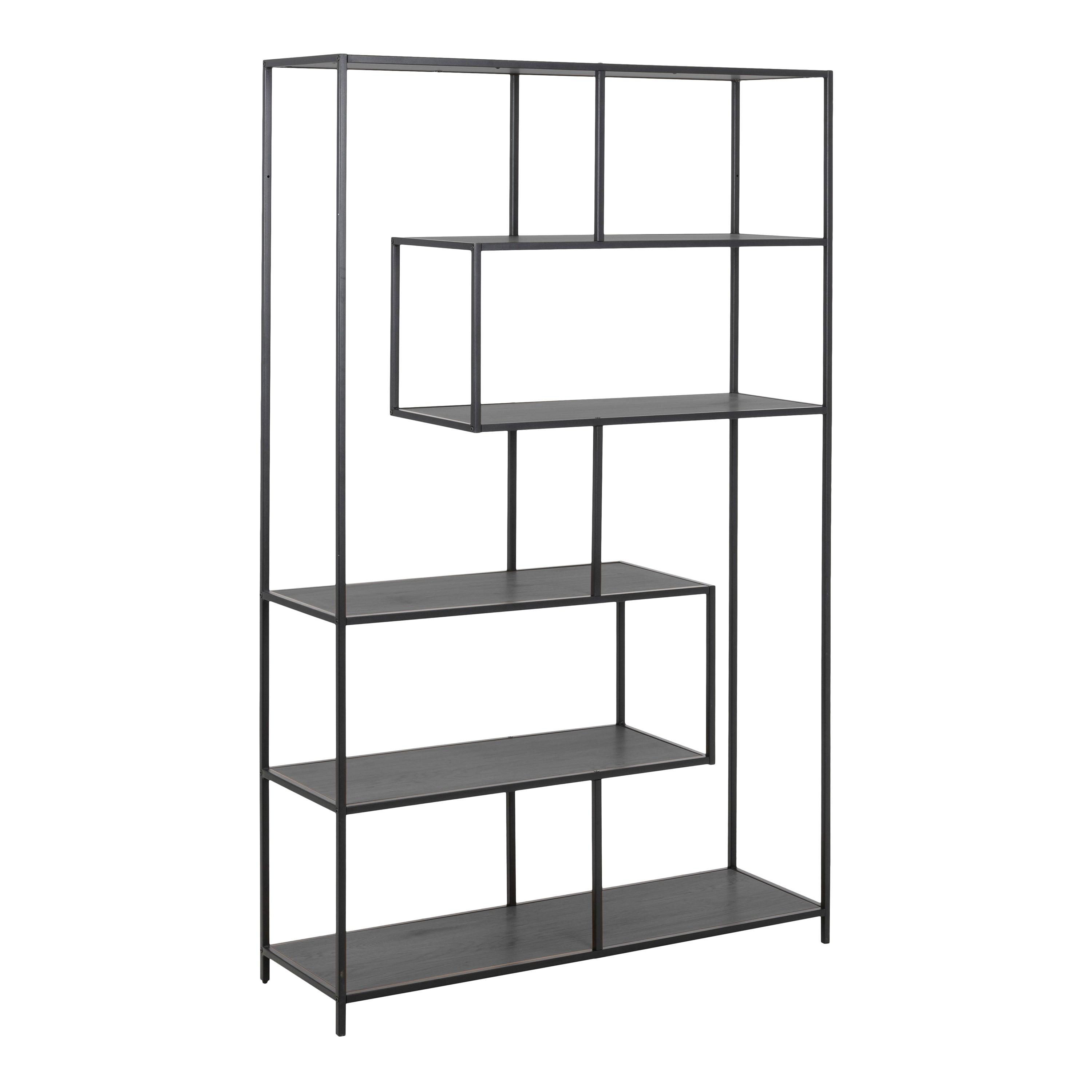 Kamila Large Asymmetrical Bookcase – Black Metal with 5 Shelves - YANDZ HOME