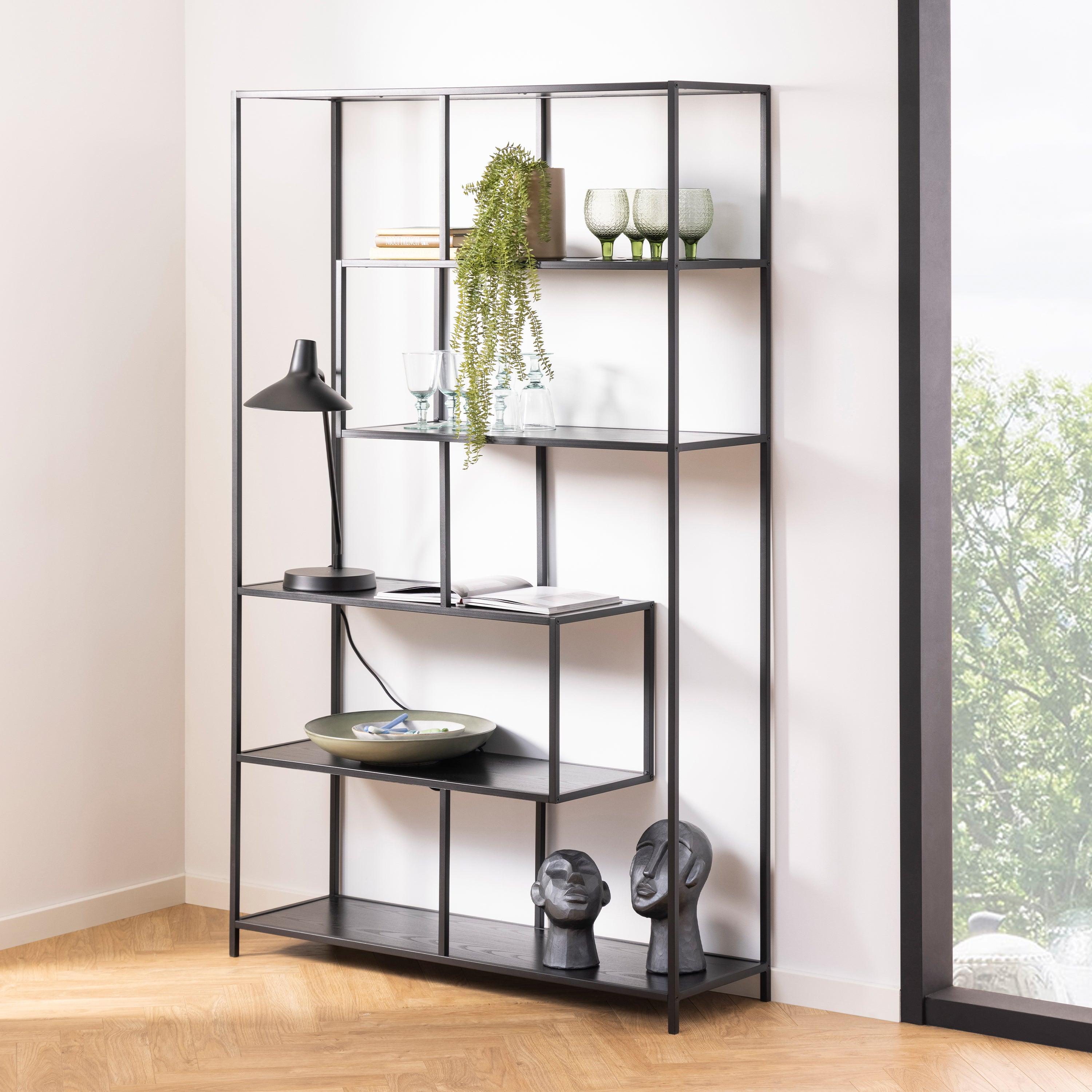 Kamila Large Asymmetrical Bookcase – Black Metal with 5 Shelves - YANDZ HOME