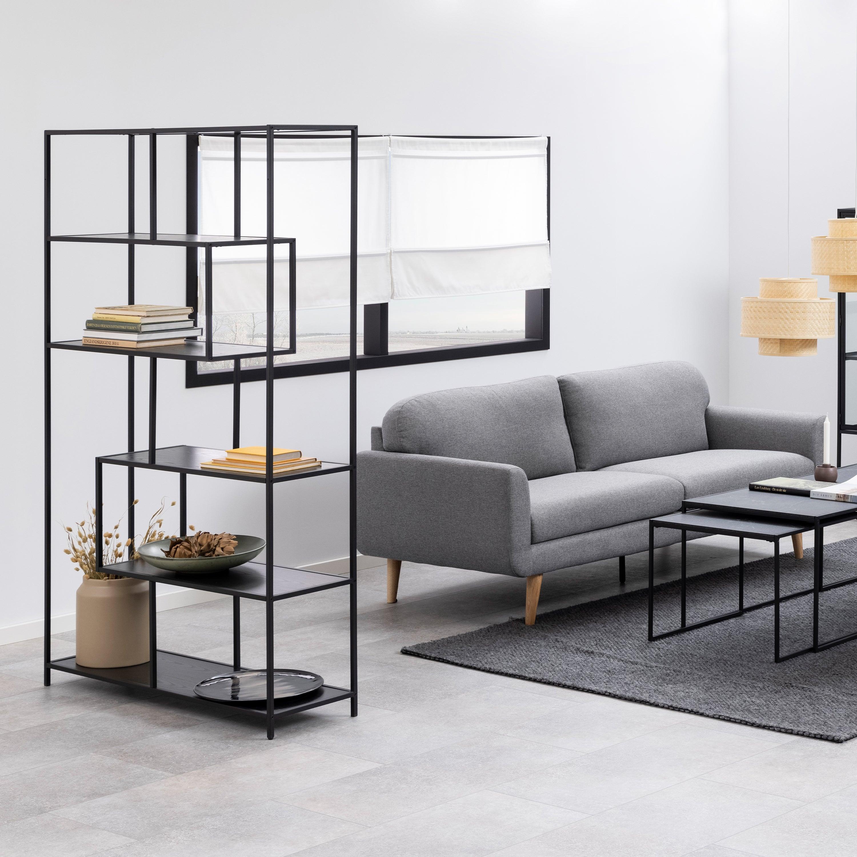 Kamila Large Asymmetrical Bookcase – Black Metal with 5 Shelves - YANDZ HOME