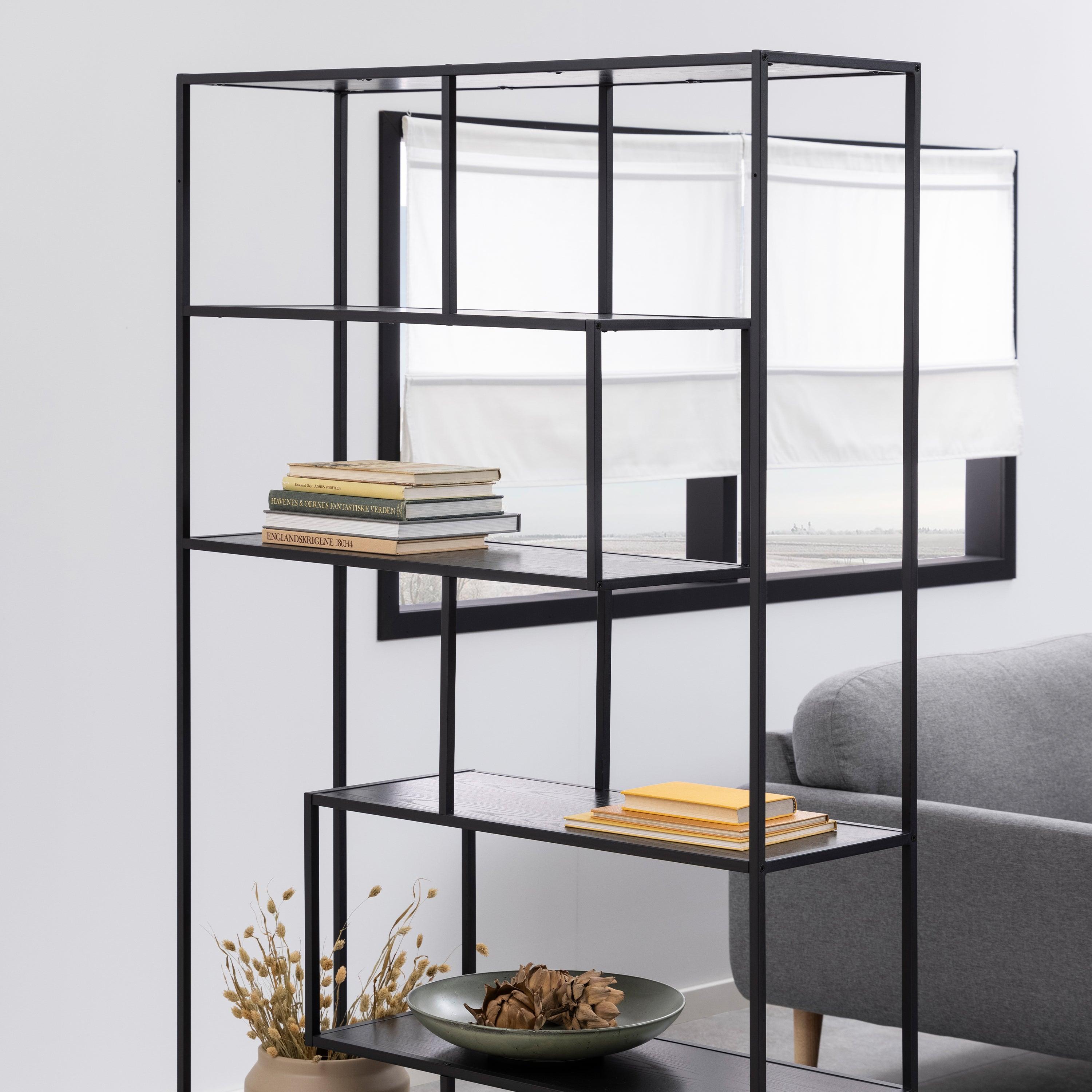 Kamila Large Asymmetrical Bookcase – Black Metal with 5 Shelves - YANDZ HOME