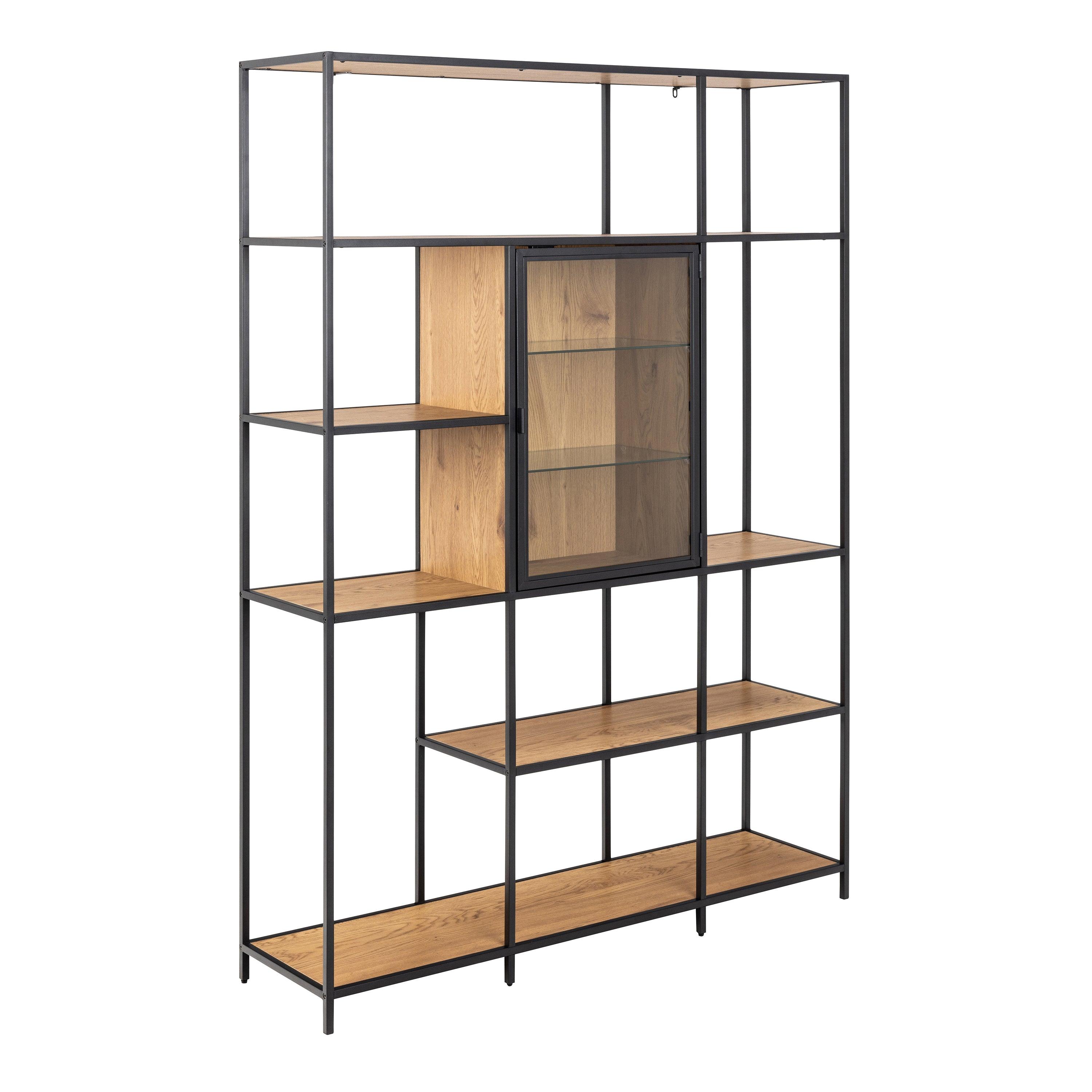Lena Bookcase with 7 Shelves & Glass Display – Black Metal & Wild Oak - YANDZ HOME