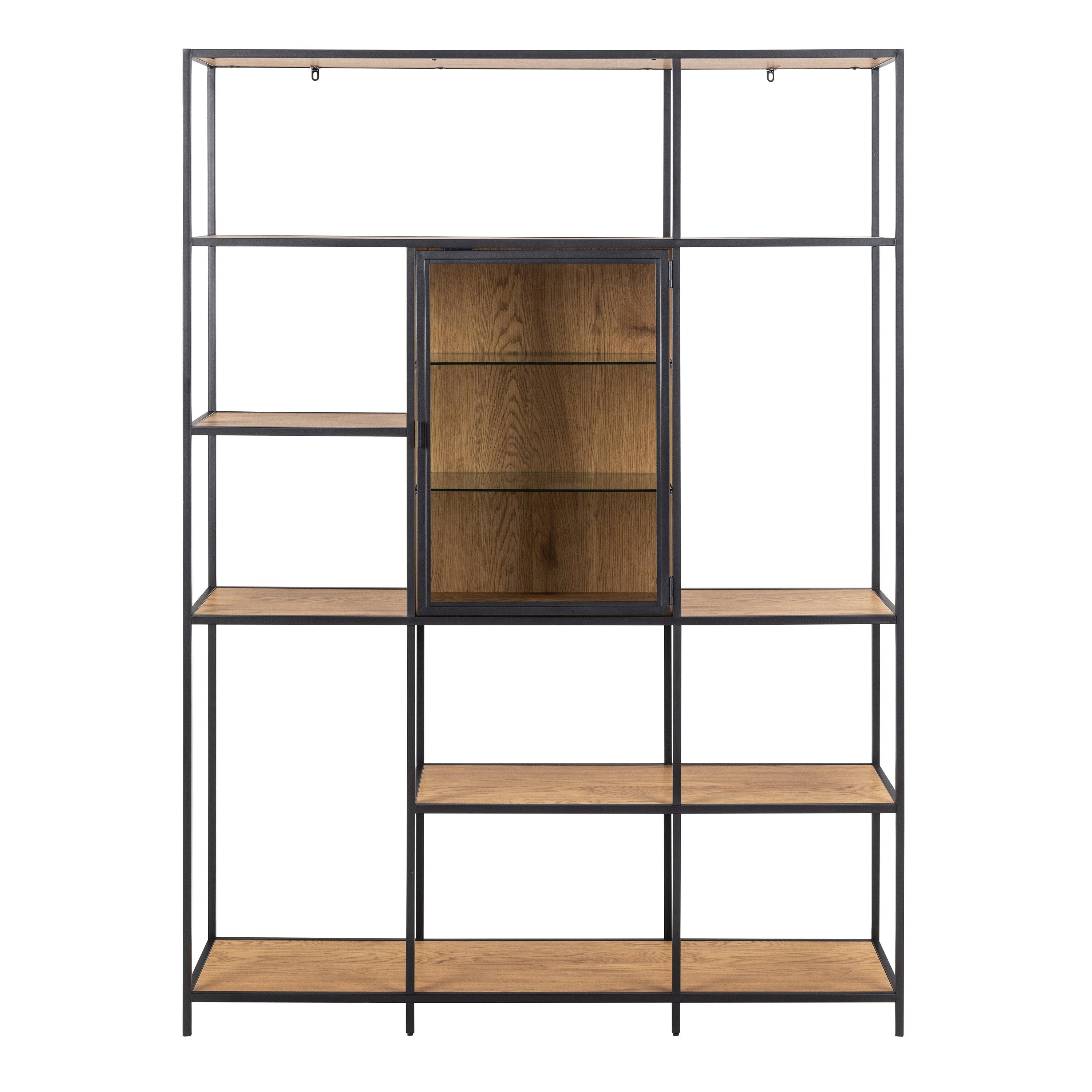 Lena Bookcase with 7 Shelves & Glass Display – Black Metal & Wild Oak - YANDZ HOME