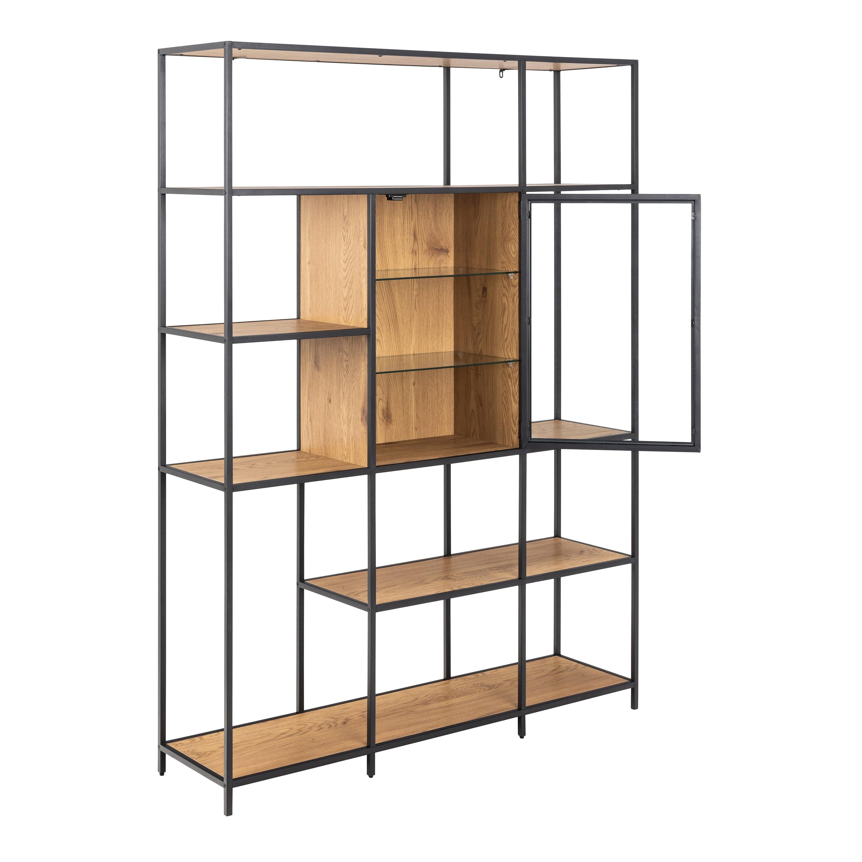 Lena Bookcase with 7 Shelves & Glass Display – Black Metal & Wild Oak - YANDZ HOME