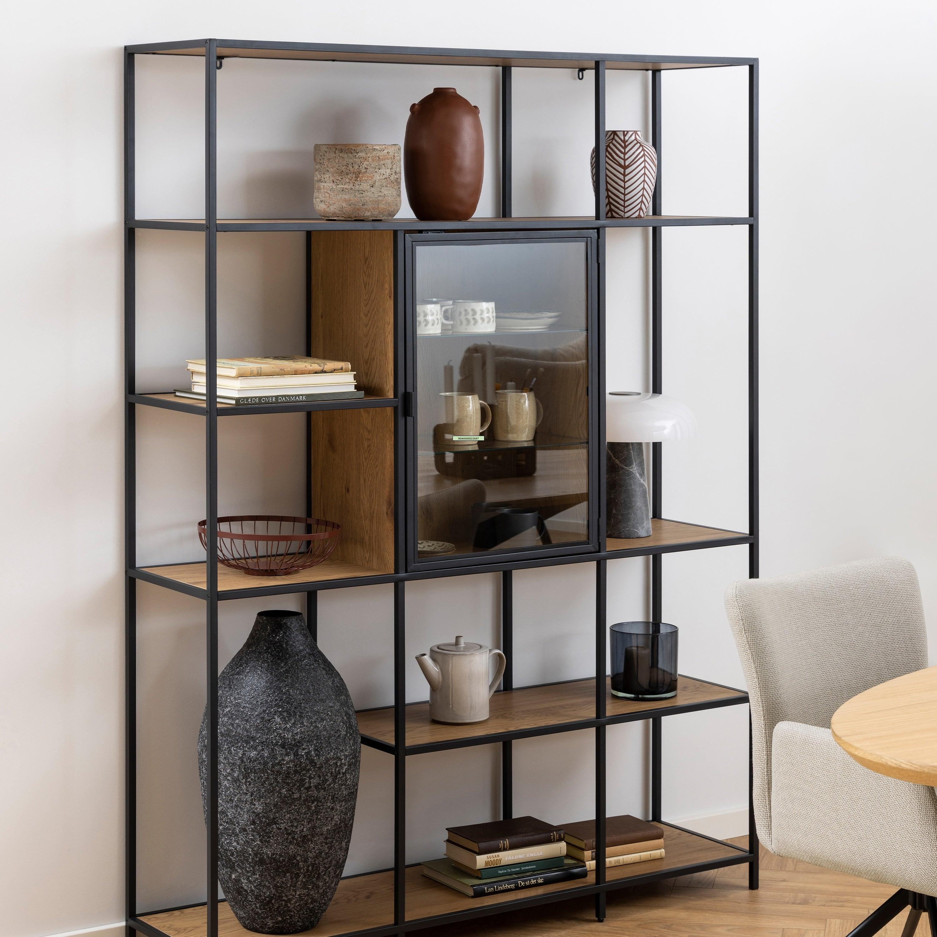Lena Bookcase with 7 Shelves & Glass Display – Black Metal & Wild Oak - YANDZ HOME