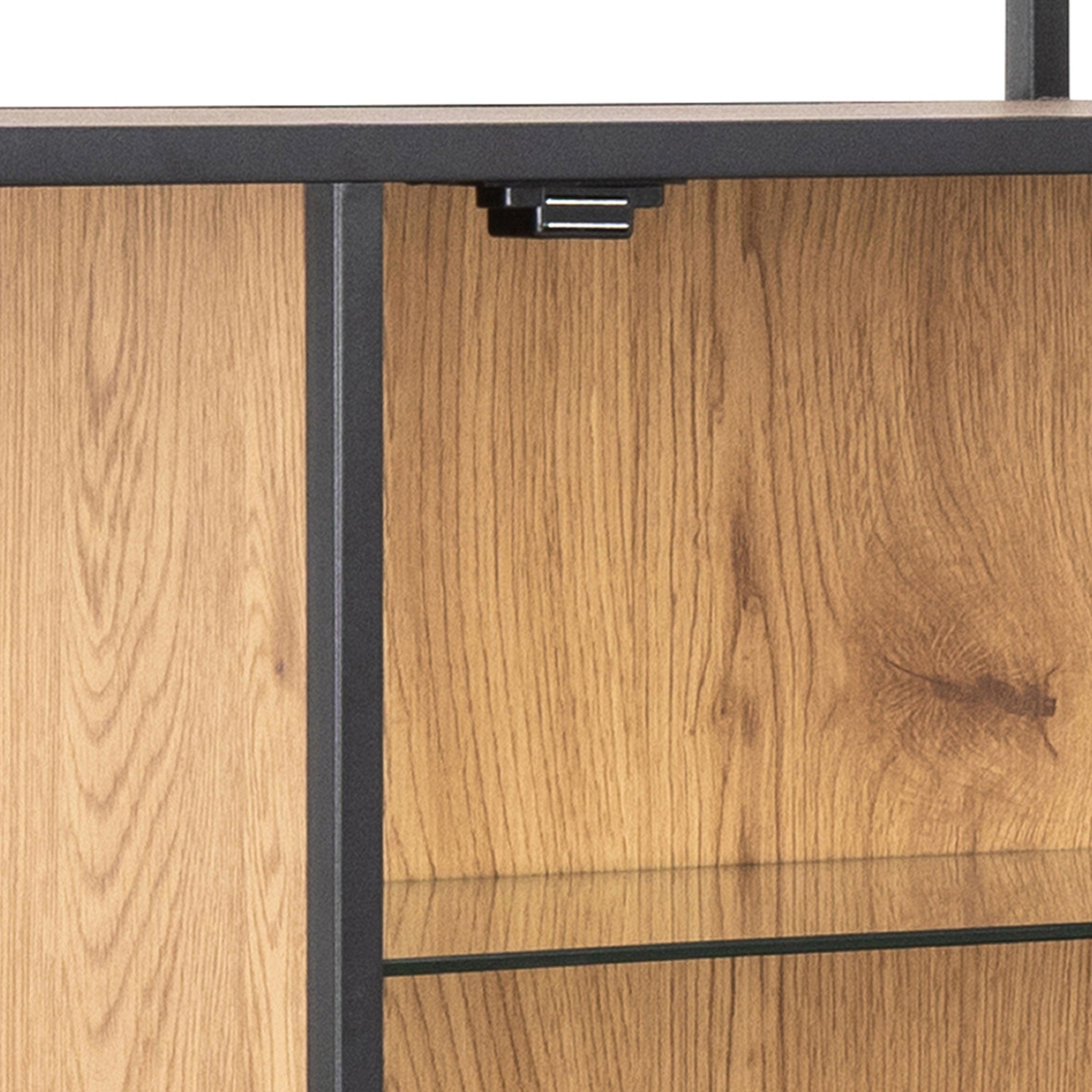 Lena Bookcase with 7 Shelves & Glass Display – Black Metal & Wild Oak - YANDZ HOME